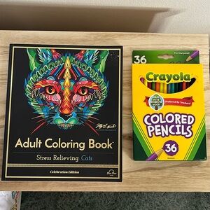ADULT COLORING BOOK, STRESS RELIEVING CATS, & Colored Pencils, NWT